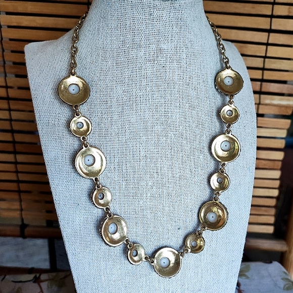 J. Crew Signed Oxidized Brass Faux Pearl Rhinestone Lifesaver Clasp Necklace EUC - Picture 3 of 10